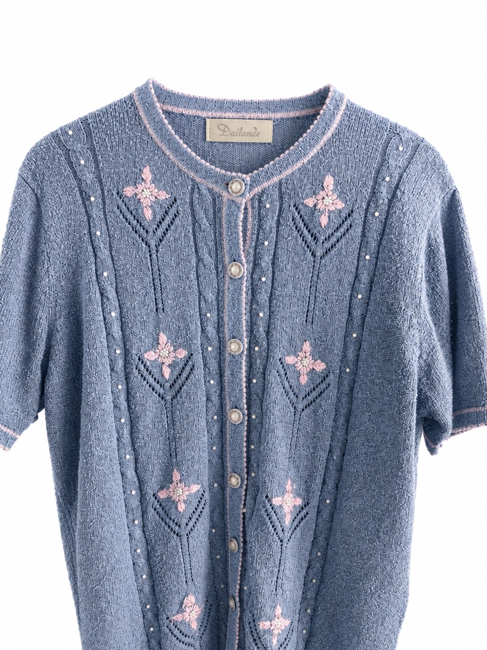 Vintage 90s Dailande Blue Floral Embroidered Short Sleeve Cardigan Sweater
